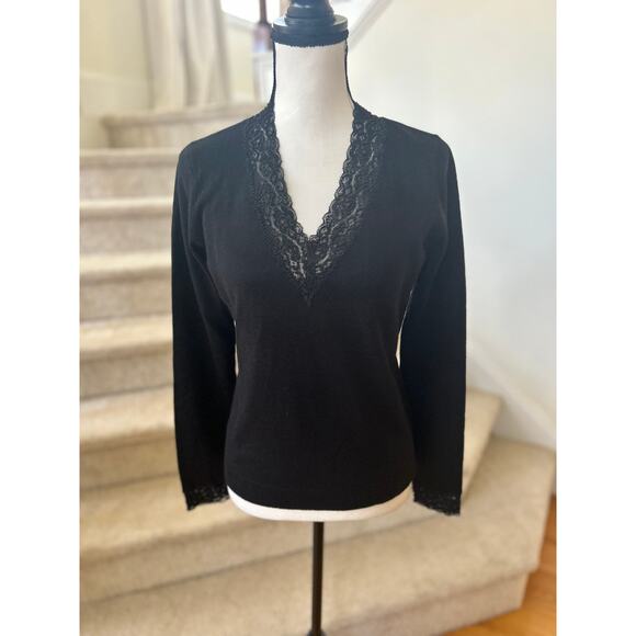 Vintage Y2K Ralph Lauren Black Silk & Cashmere Lace V-Neck Sweater - Picture 1 of 6
